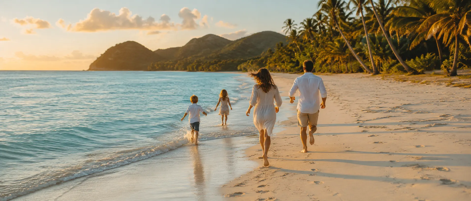 Children running along the waterline of a Caribbean beach at golden hour, parents following behind