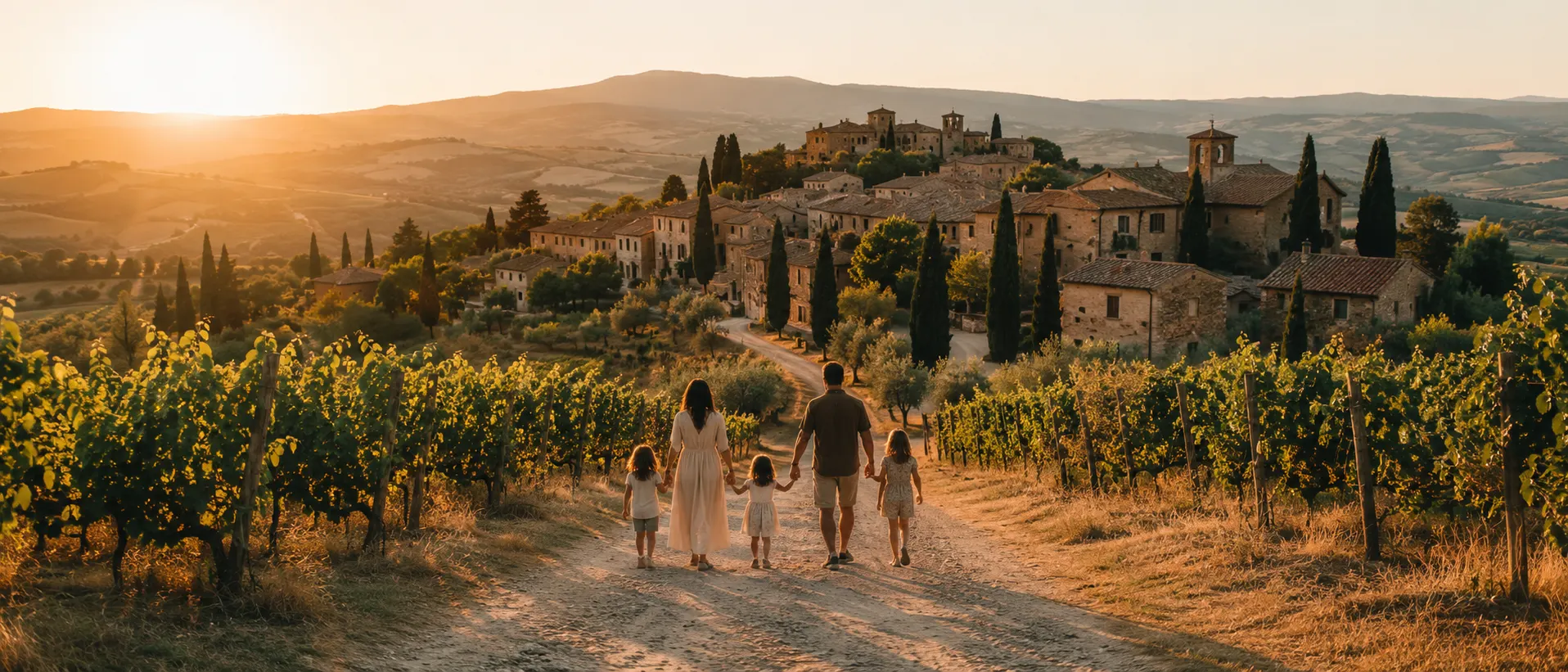 A family walking hand in hand down a vineyard lane toward a Tuscan hilltop village at golden hour