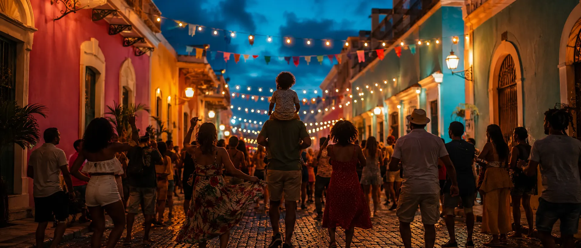 A festive evening street party in Old San Juan — colorful colonial facades, string lights, a child on a parent's shoulders