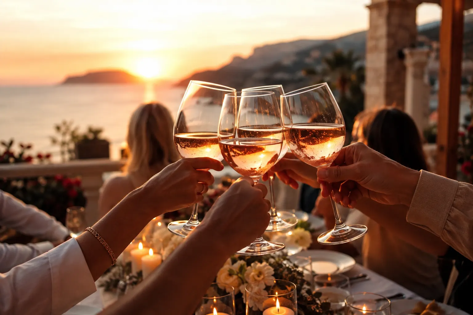 Raised wine glasses catching golden sunset light at a seaside celebration dinner