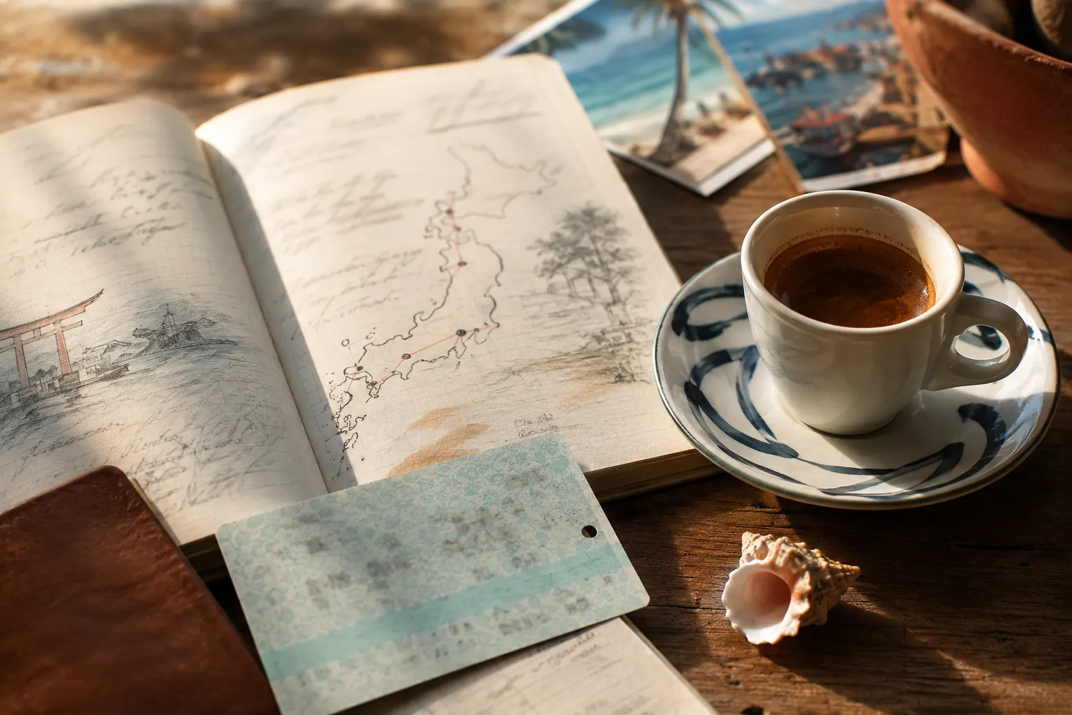 Open travel journal with a hand-drawn Japan route beside an espresso cup, rail ticket, and conch shell